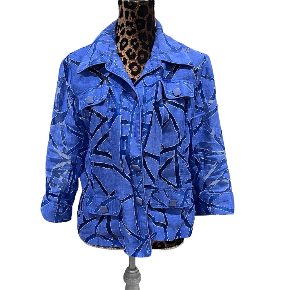 Clara Sun Woo Button Front Linen Blend Jacket Blazer Sheer Blue Women’s Sz L
